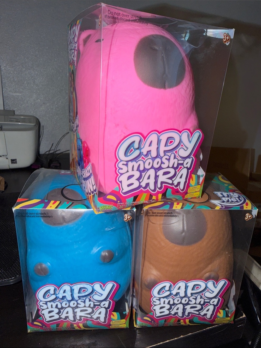 THREE 3 CAPY Smoosh-a-Bara Junbo Squishy- Pink blue & brown